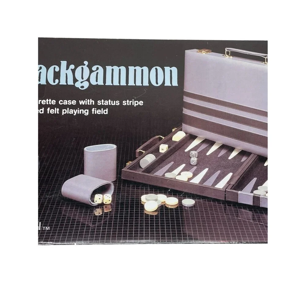 Cardinal Backgammon Game Vintage Faux Leather Travel Case Complete Gray Ivory